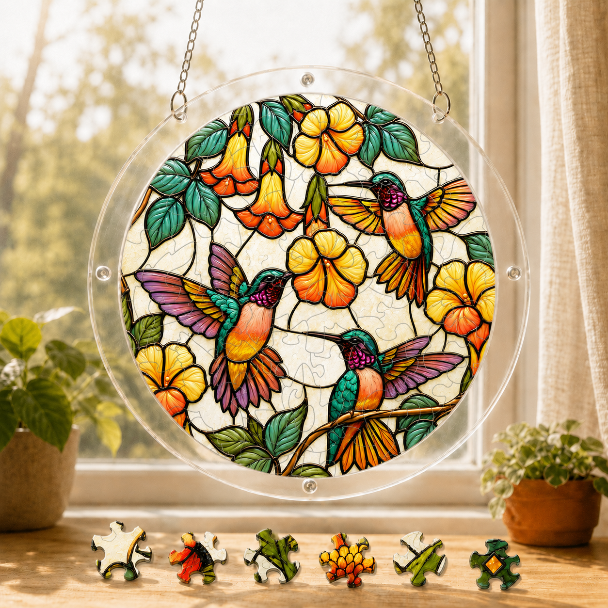 Round hummingbird yellow flower acrylic puzzle suncatcher hanging in a sunny window with colorful puzzle pieces below