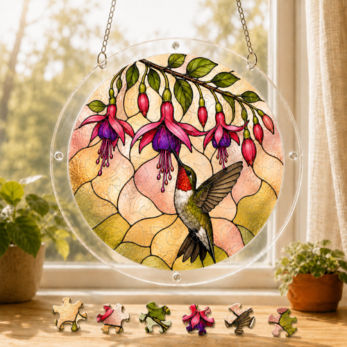 Round hummingbird fuchsia acrylic puzzle suncatcher hanging in a sunny window with colorful puzzle pieces below