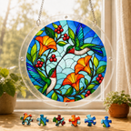 Round hummingbird flower acrylic puzzle suncatcher hanging in a sunny window with colorful jigsaw pieces below