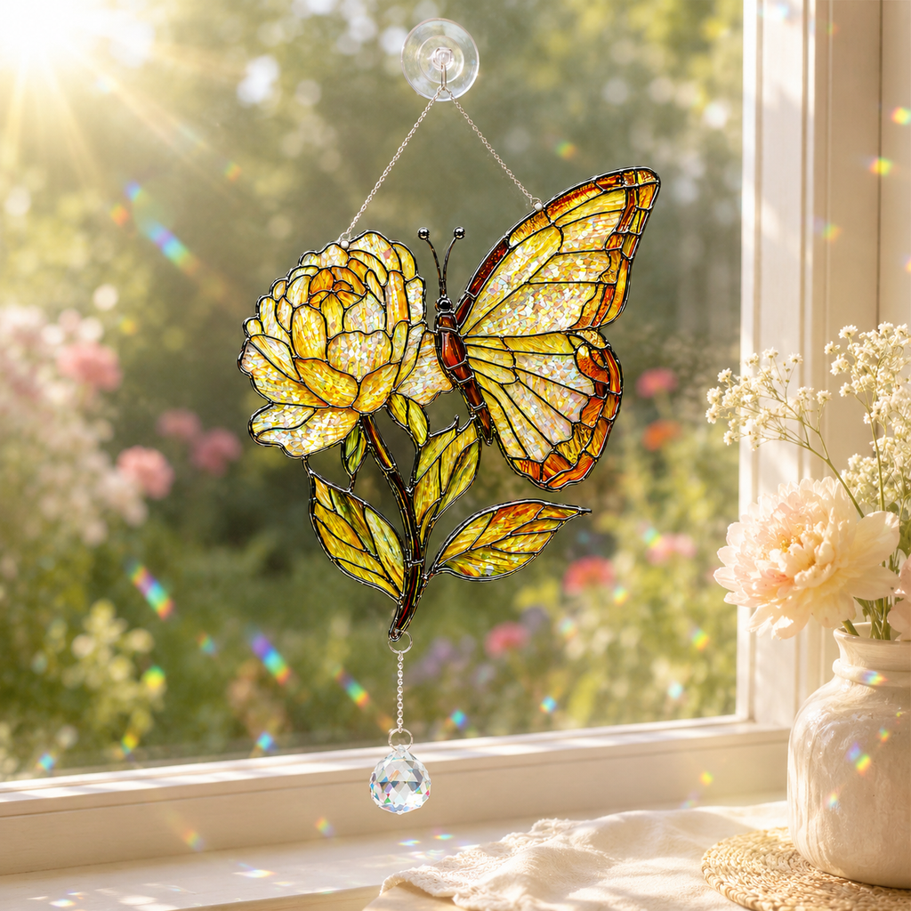 Colorful butterfly yellow rose broken-glass hologram acrylic suncatcher hanging on a sunny window with crystal prism and garden view