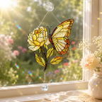 Colorful butterfly yellow rose broken-glass hologram acrylic suncatcher hanging on a sunny window with crystal prism and garden view