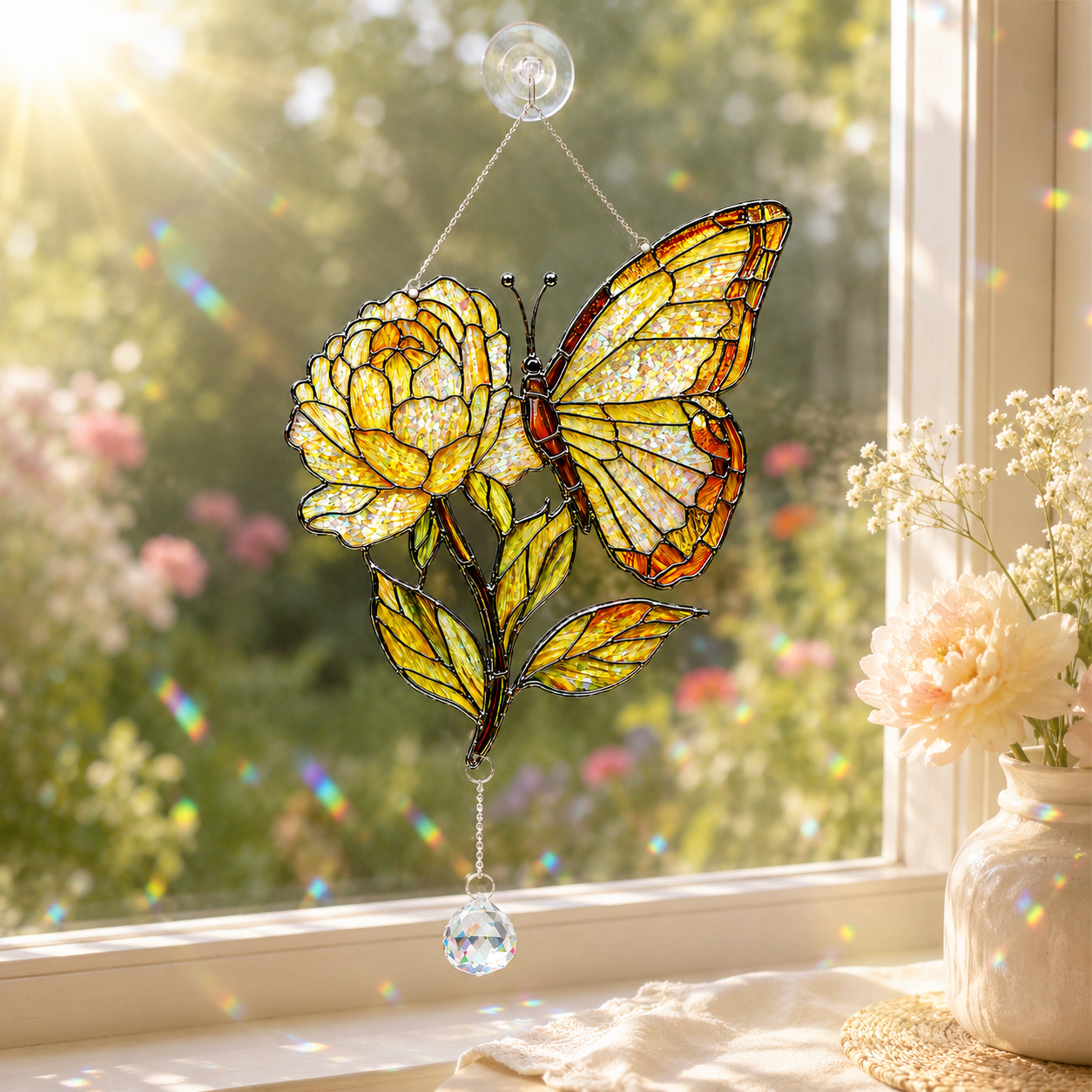 Colorful butterfly yellow rose broken-glass hologram acrylic suncatcher hanging on a sunny window with crystal prism and garden view