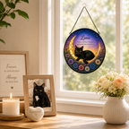 Black cat moon memorial suncatcher hanging on a wall near a bright window with soft flowers and a framed pet photo.