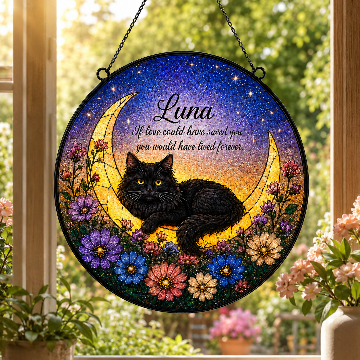Decorative wall hanging with a black cat, flowers, and the name 'Luna' in a garden setting.
