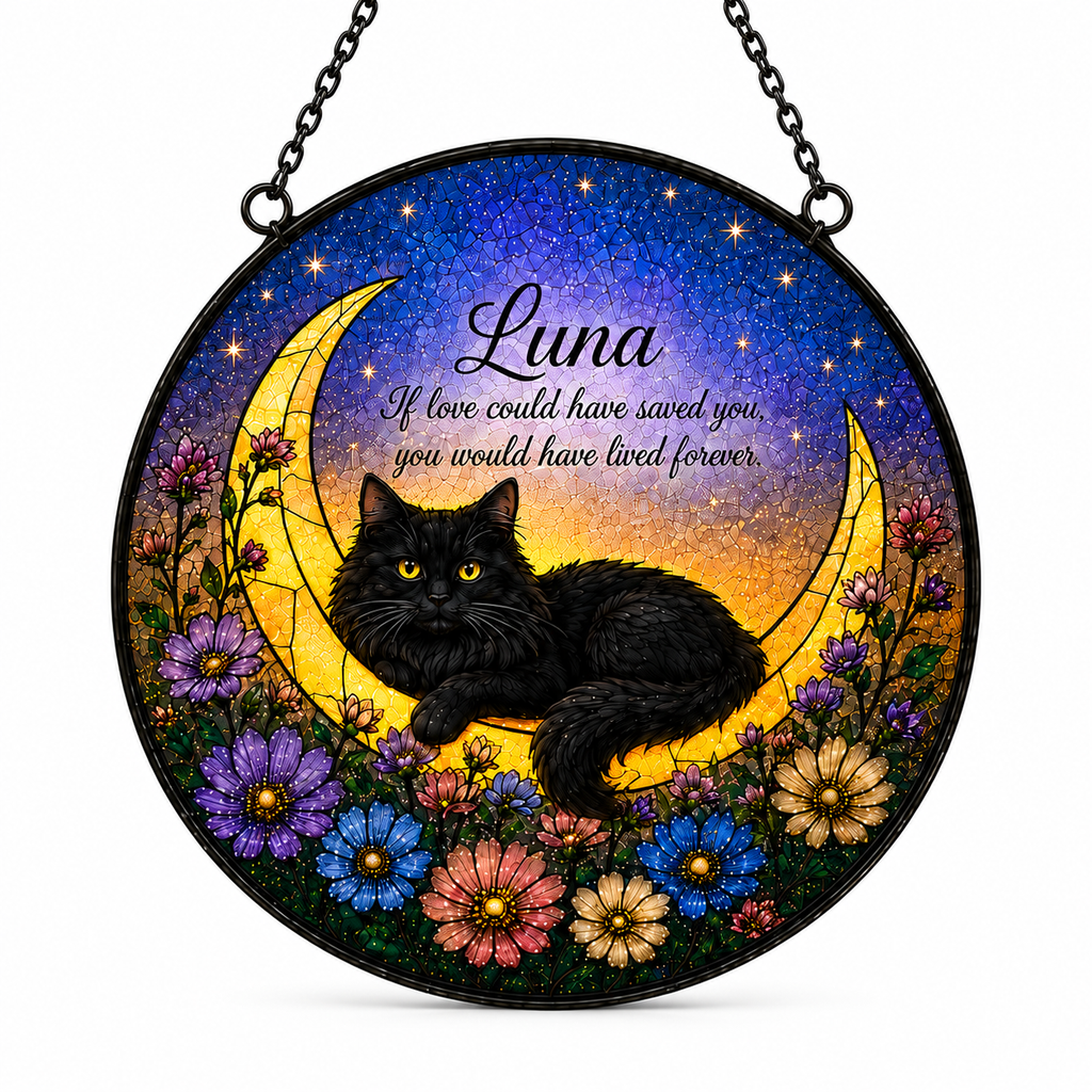 Decorative circular piece with a black cat on a crescent moon, surrounded by flowers, against a starry night sky.