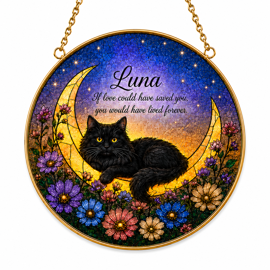 Decorative plaque with a black cat on a crescent moon, surrounded by flowers, with the name 'Luna' and a quote.