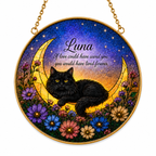 Decorative plaque with a black cat on a crescent moon, surrounded by flowers, with the name 'Luna' and a quote.