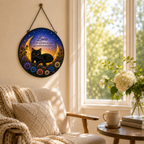 Decorative wall hanging with a cat design in a cozy living room.