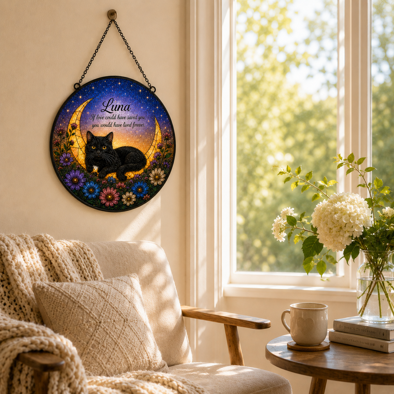 Decorative wall hanging with a cat design in a cozy living room.