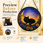 Decorative piece with a black cat, flowers, and moon design, featuring text about artwork preview before production.