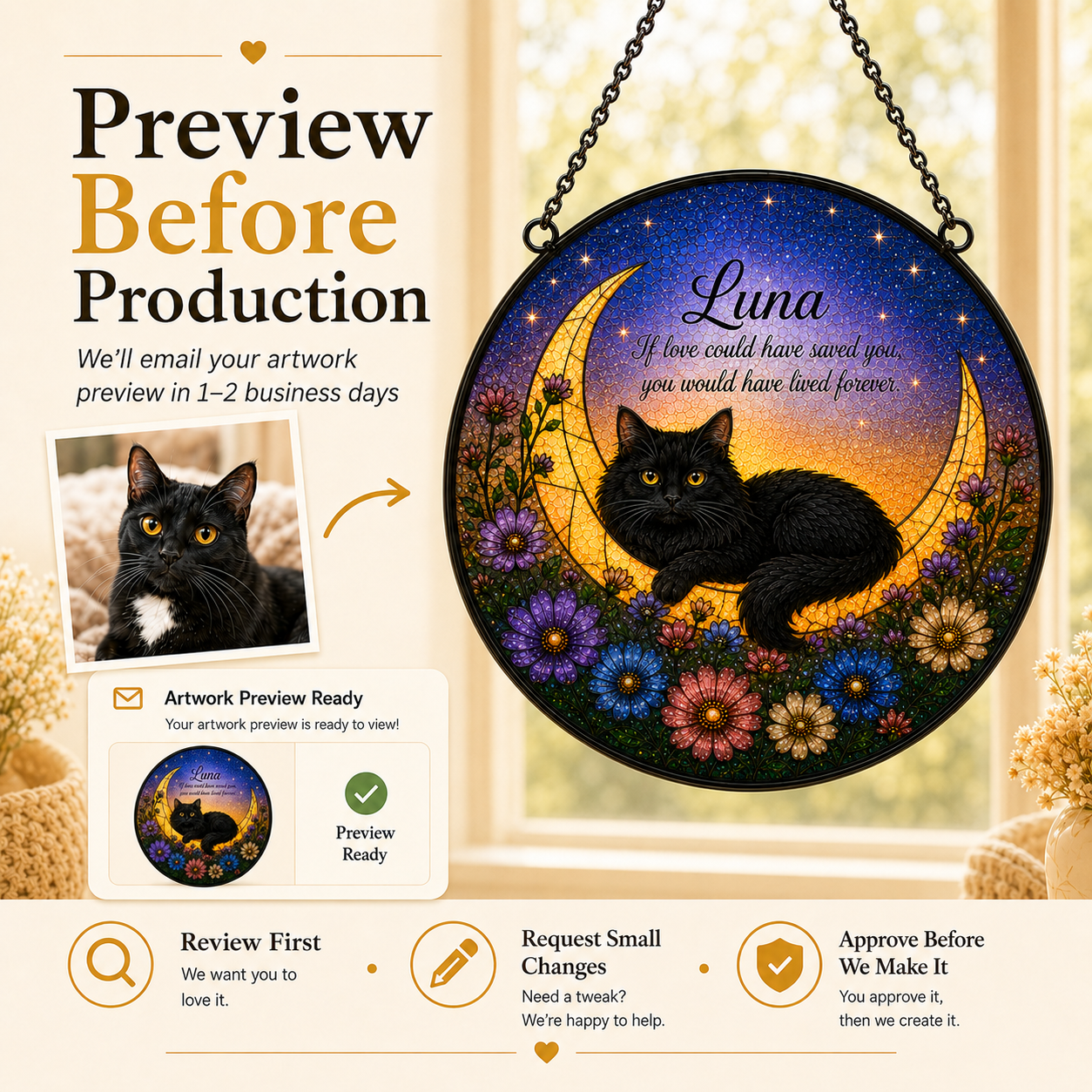 Decorative piece with a black cat, flowers, and moon design, featuring text about artwork preview before production.