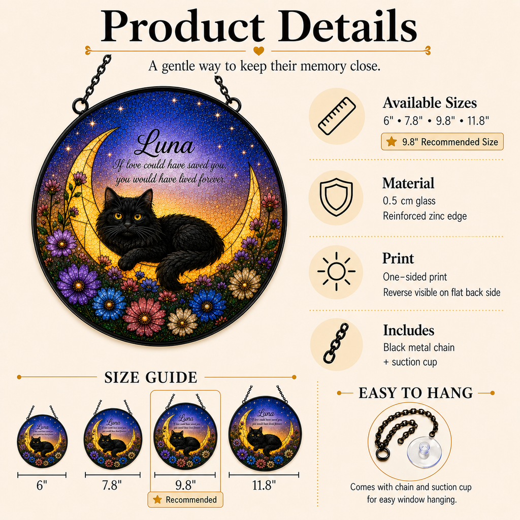 Decorative product with a black cat on a moon and flowers, featuring product details and size guide.