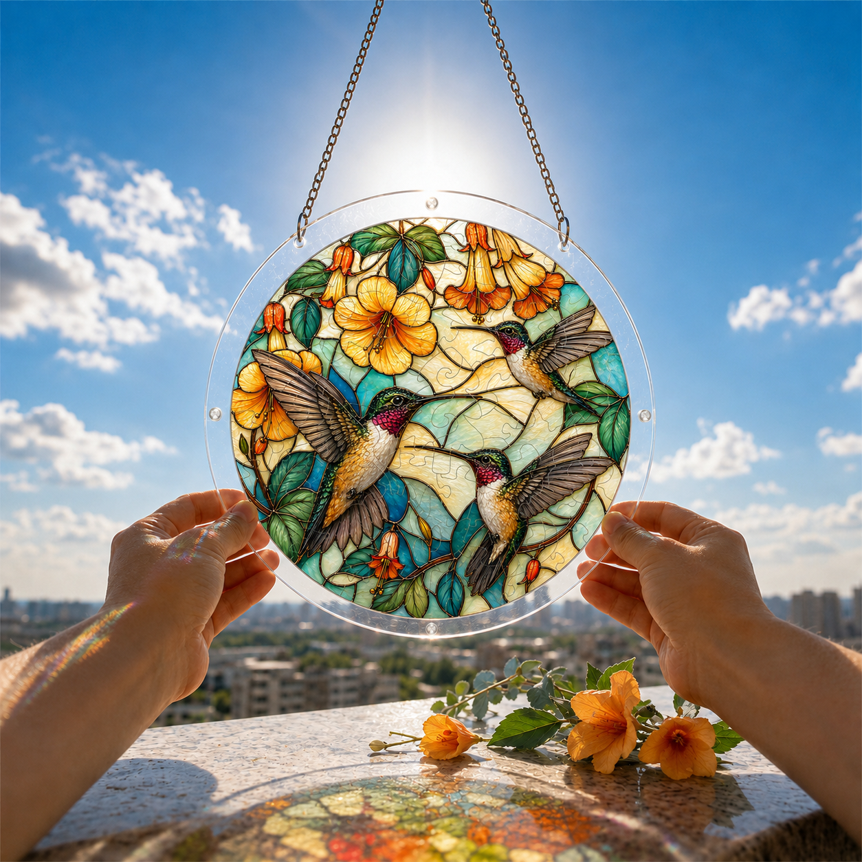 Hummingbird floral puzzle suncatcher held outdoors against a blue sky and warm garden background