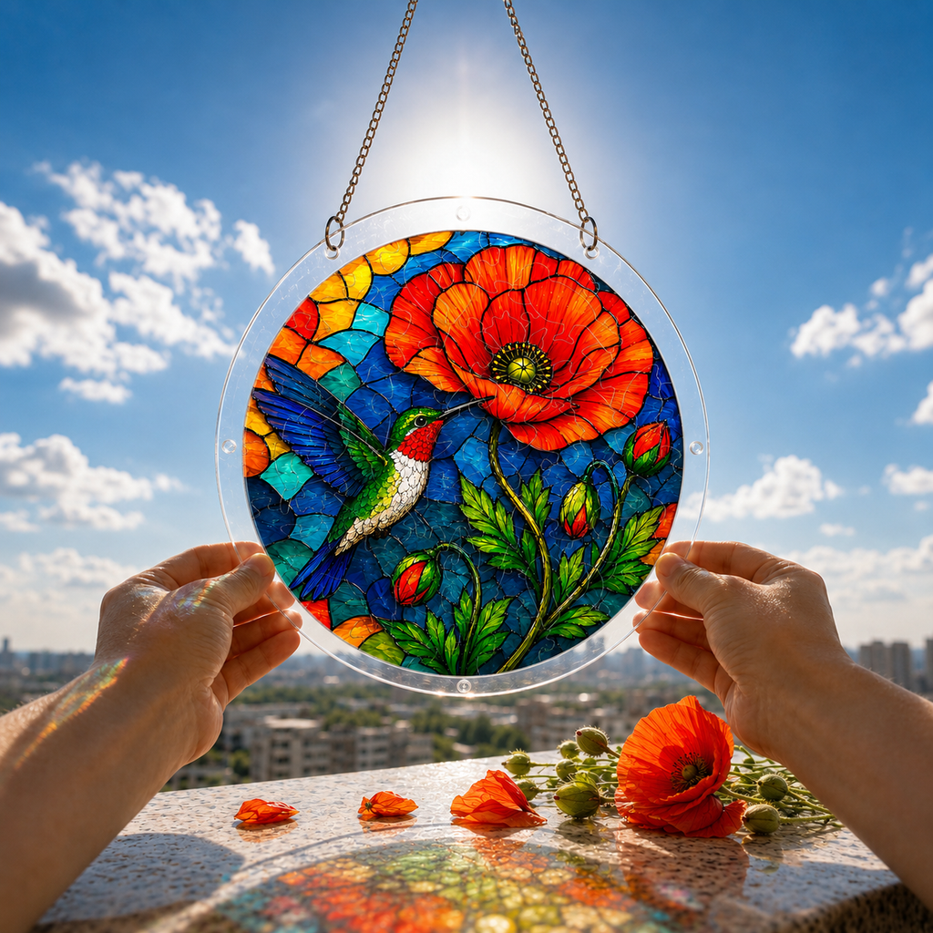 Hummingbird and red poppy puzzle suncatcher held outdoors against a bright blue sky and garden background