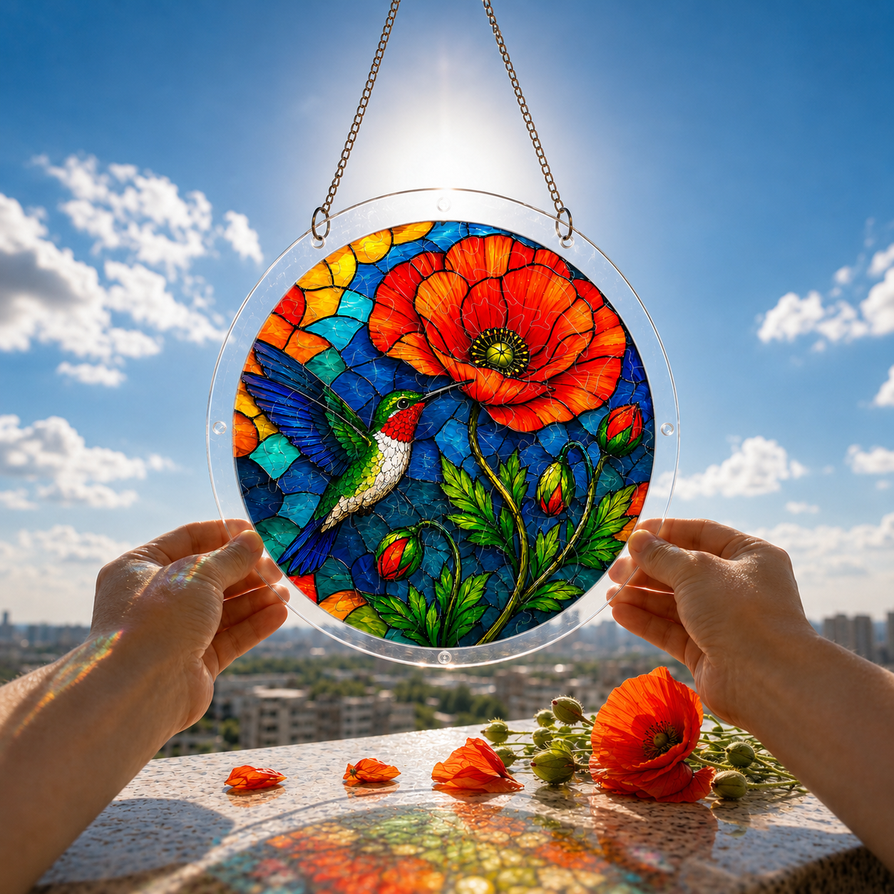 Hummingbird and red poppy puzzle suncatcher held outdoors against a bright blue sky and garden background