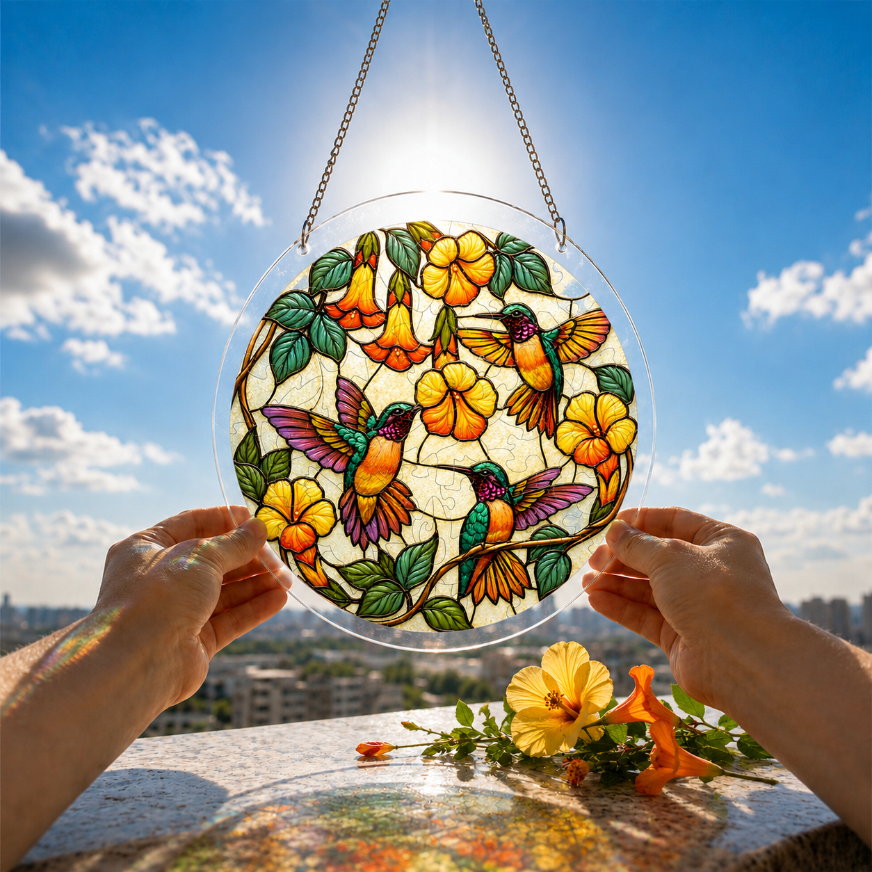 Hummingbird floral puzzle suncatcher held outdoors against a bright blue sky and sunny garden background