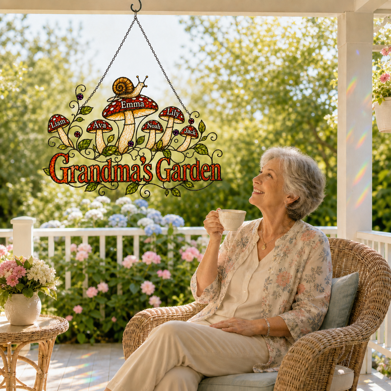 Personalized Grandma's Garden Mushroom Holographic Acrylic Suncatcher