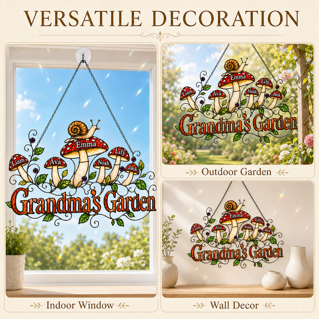 Personalized Grandma's Garden Mushroom Holographic Acrylic Suncatcher