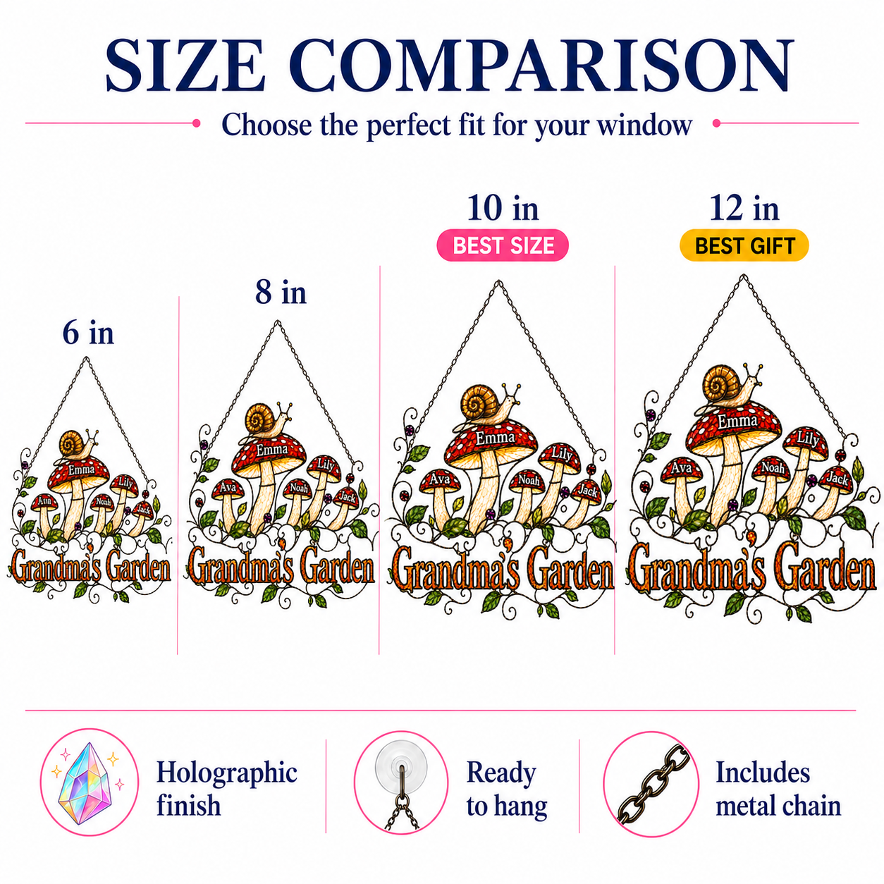 Personalized Grandma's Garden Mushroom Holographic Acrylic Suncatcher