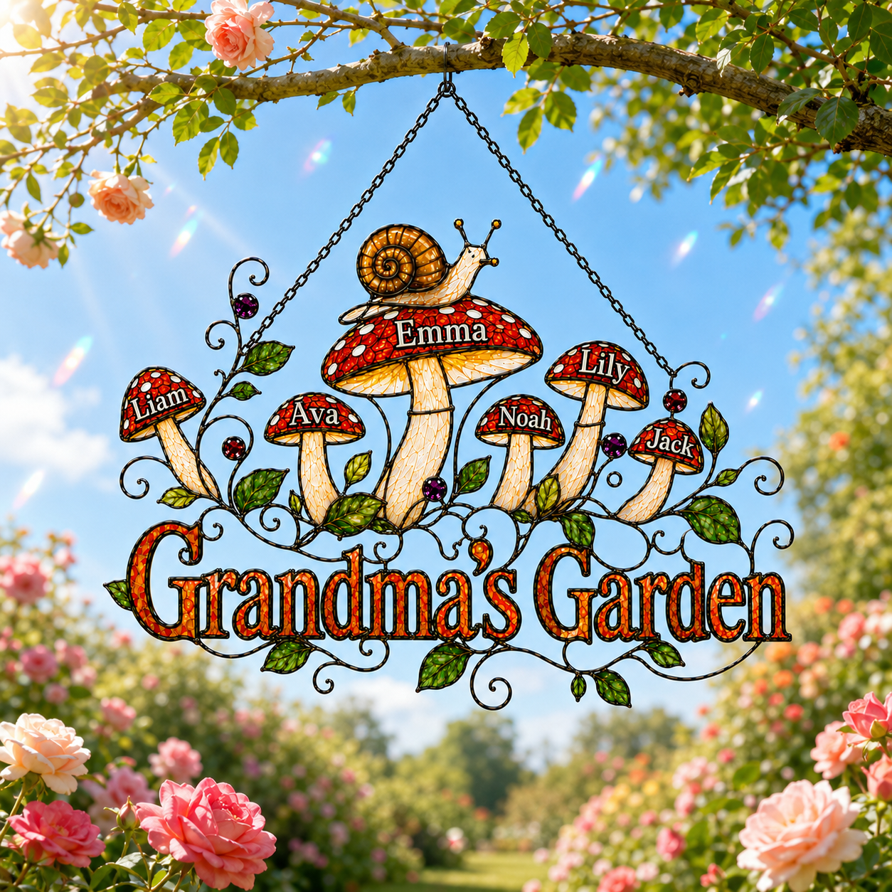 Personalized Grandma's Garden Mushroom Holographic Acrylic Suncatcher