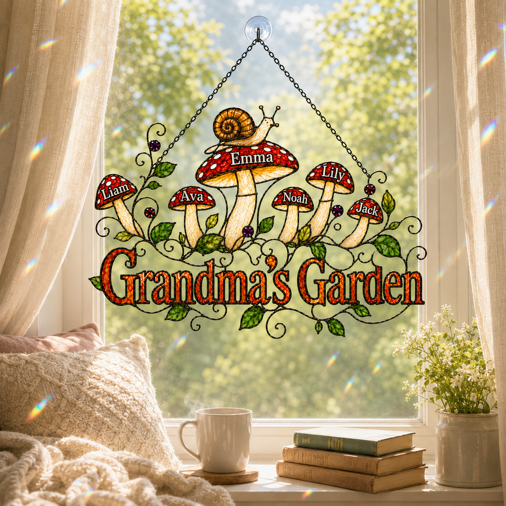 Personalized Grandma's Garden Mushroom Holographic Acrylic Suncatcher