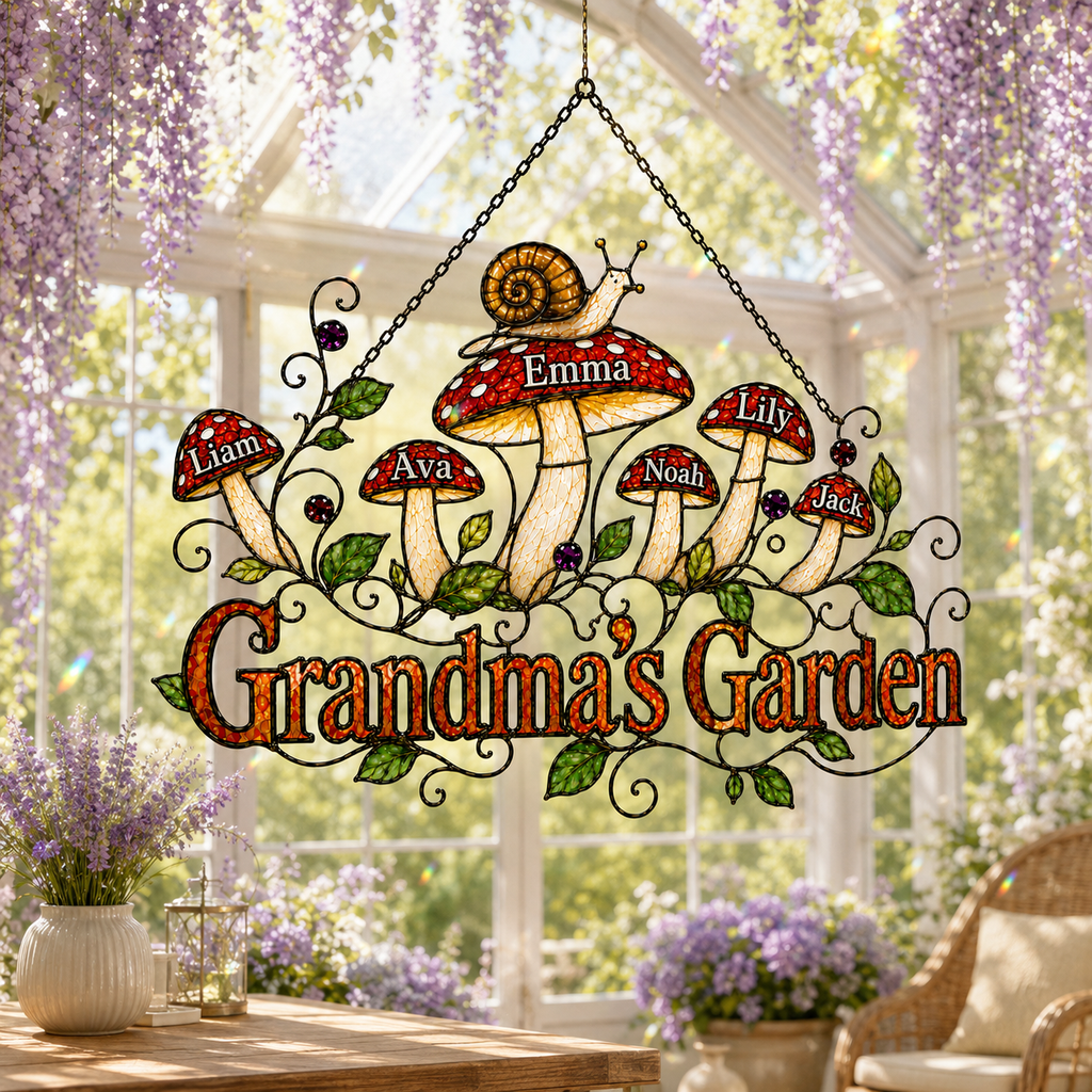 Personalized Grandma's Garden Mushroom Holographic Acrylic Suncatcher