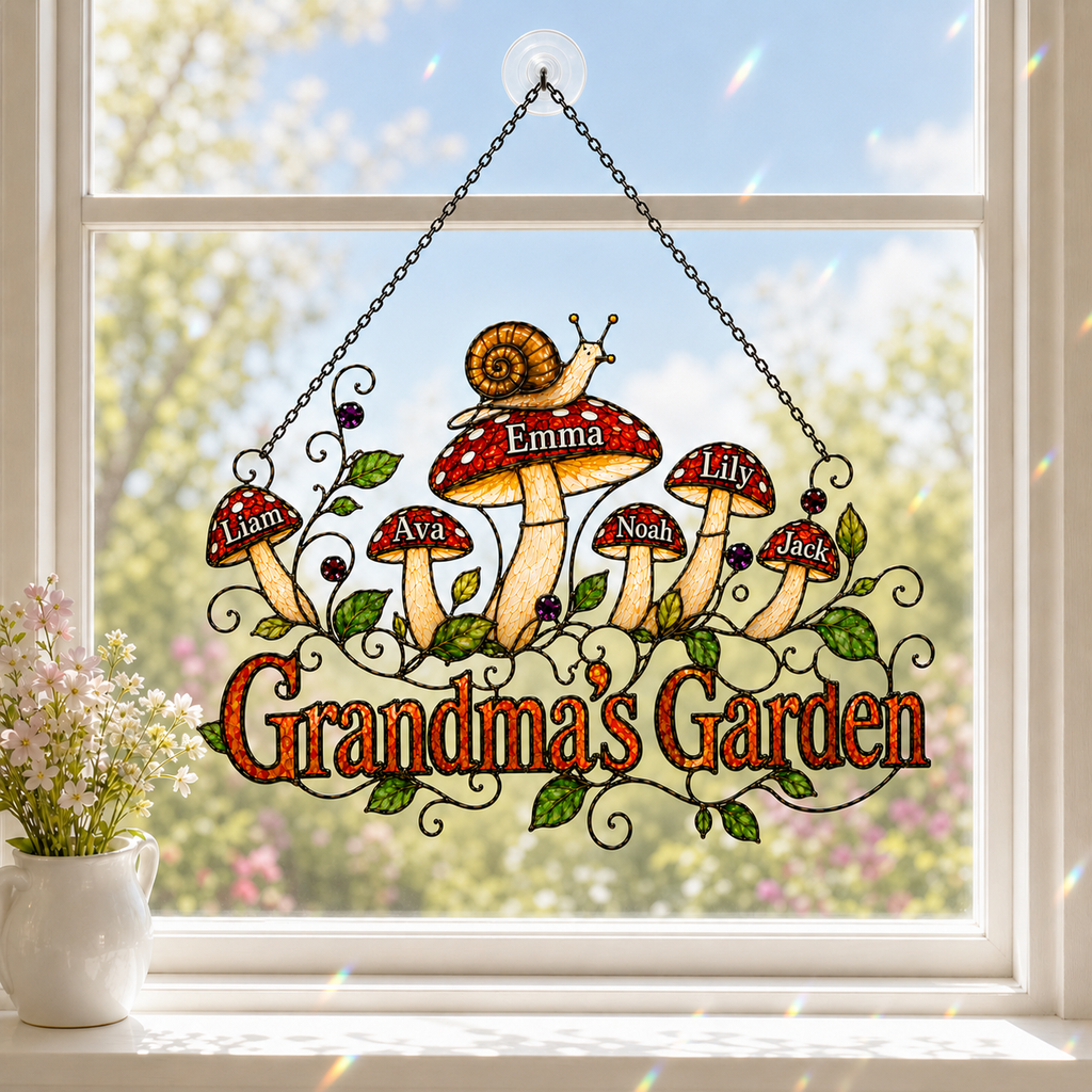 Personalized Grandma's Garden Mushroom Holographic Acrylic Suncatcher
