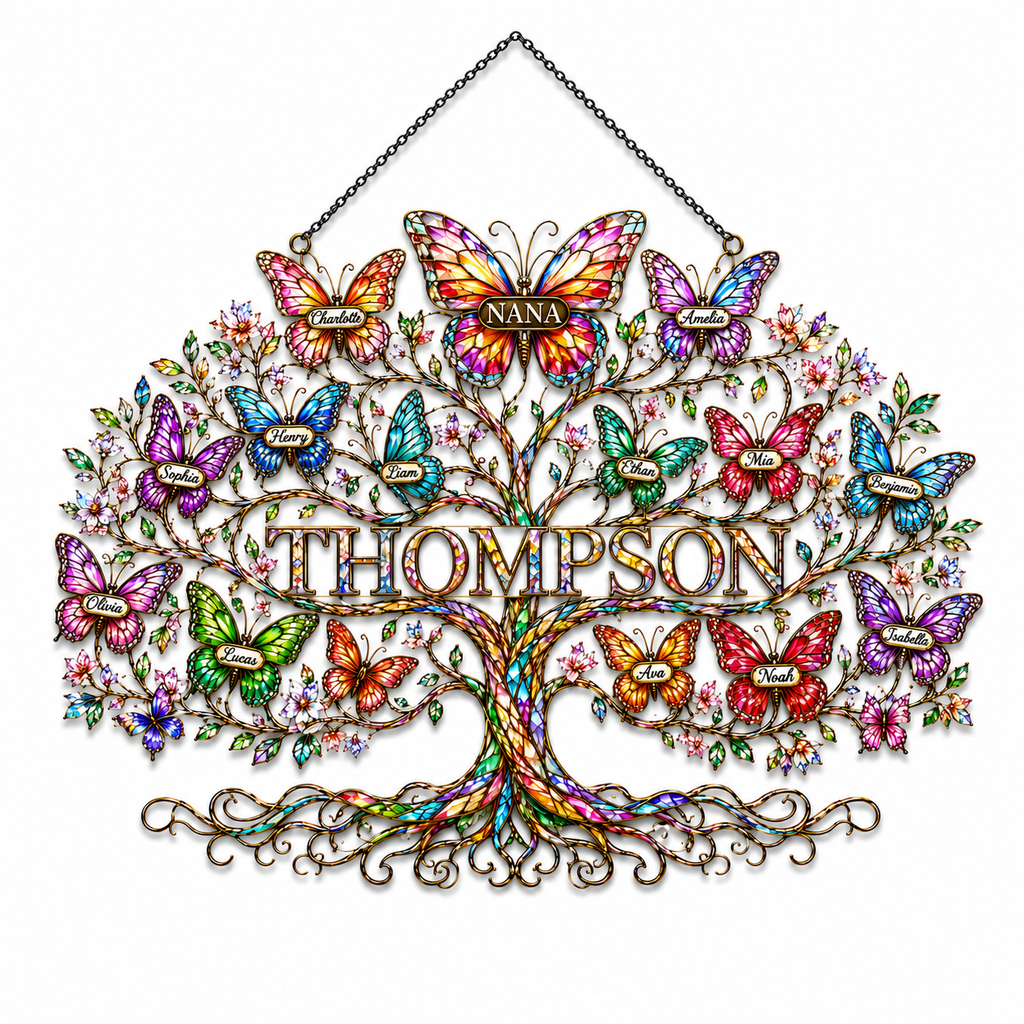 Personalized Grandma Family Tree Butterfly Holographic Acrylic Suncatcher