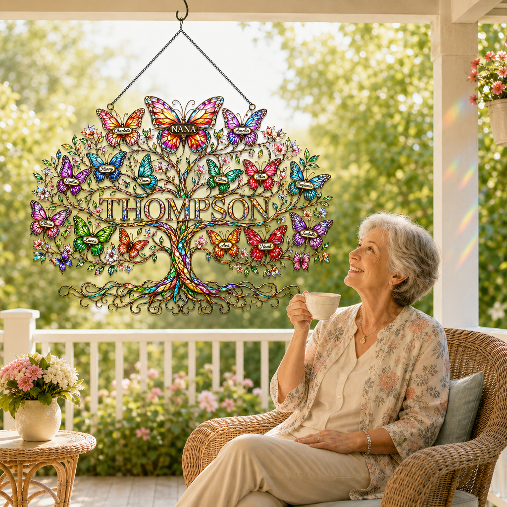 Personalized Grandma Family Tree Butterfly Holographic Acrylic Suncatcher