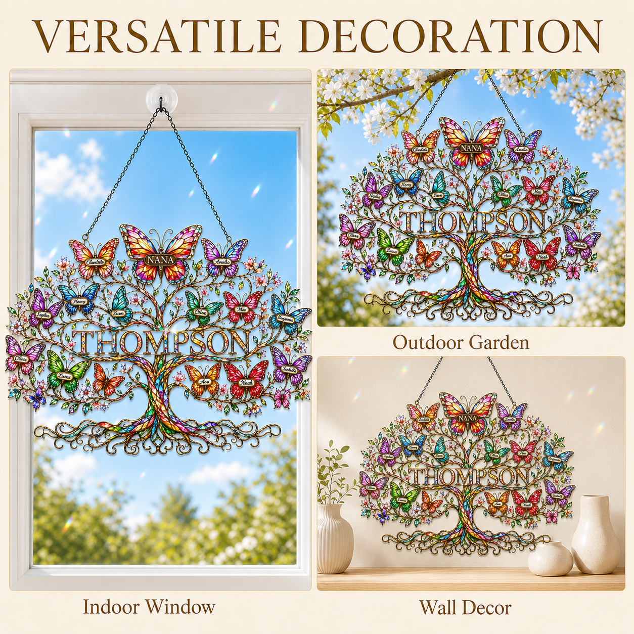 Personalized Grandma Family Tree Butterfly Holographic Acrylic Suncatcher