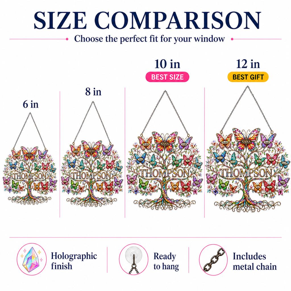 Personalized Grandma Family Tree Butterfly Holographic Acrylic Suncatcher