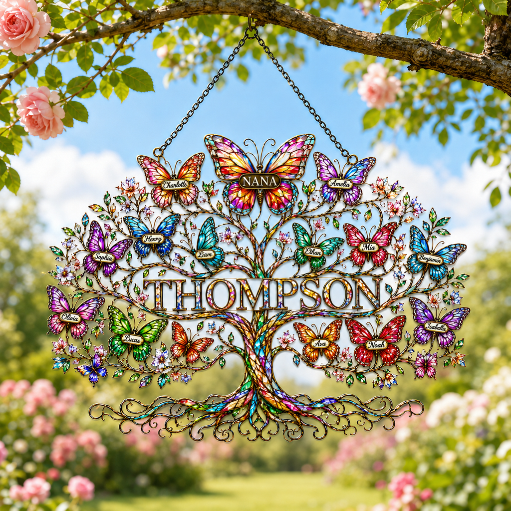 Personalized Grandma Family Tree Butterfly Holographic Acrylic Suncatcher