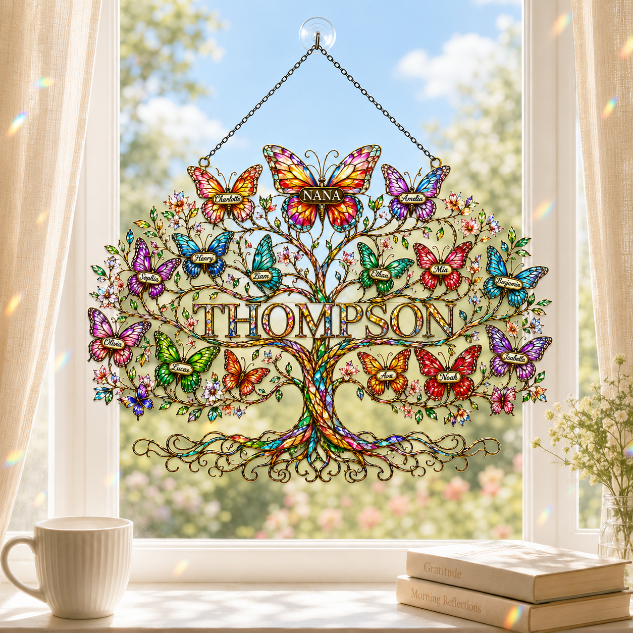 Personalized Grandma Family Tree Butterfly Holographic Acrylic Suncatcher