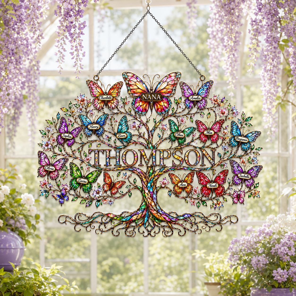 Personalized Grandma Family Tree Butterfly Holographic Acrylic Suncatcher
