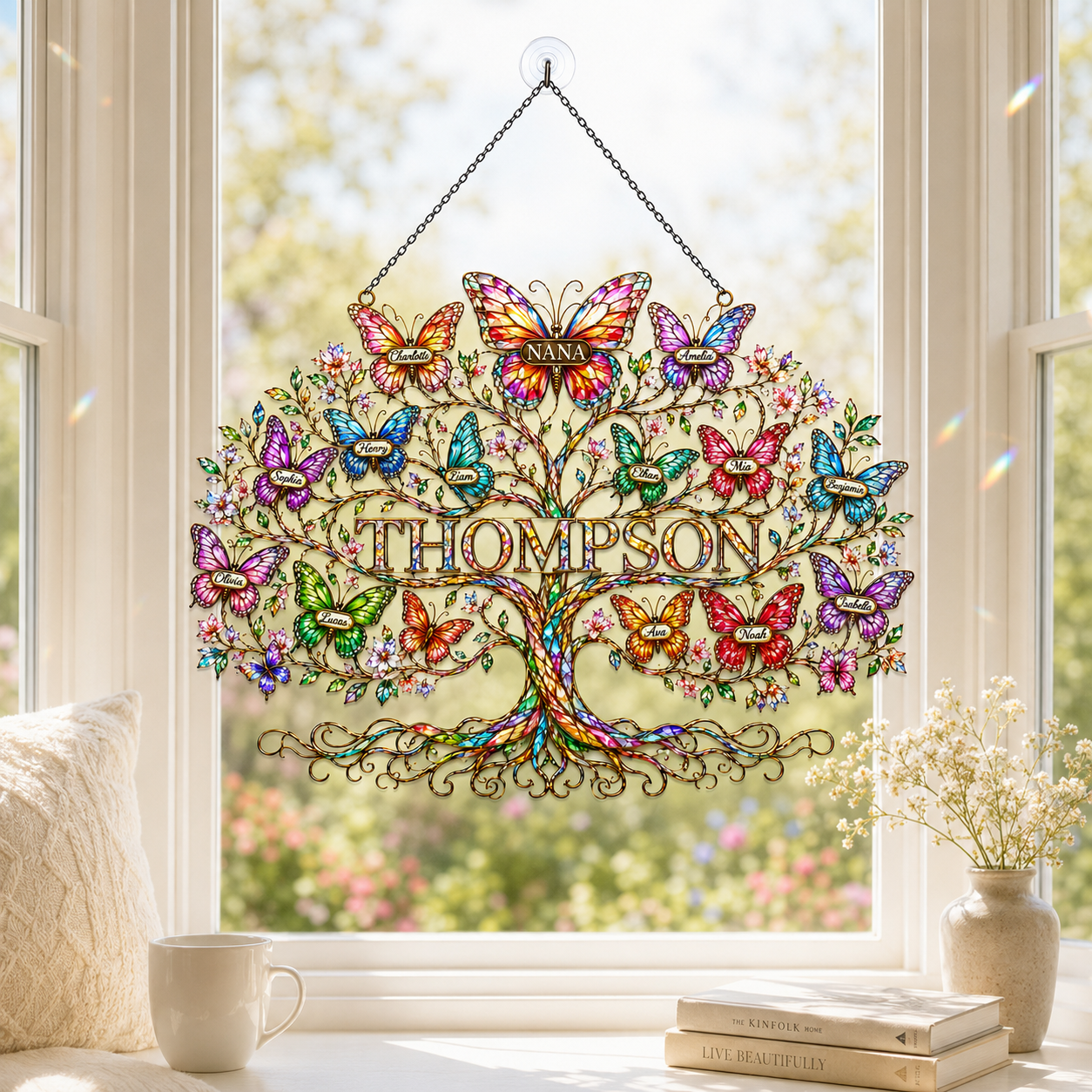 Personalized Grandma Family Tree Butterfly Holographic Acrylic Suncatcher