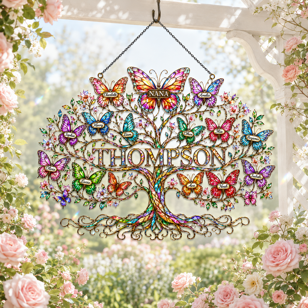 Personalized Grandma Family Tree Butterfly Holographic Acrylic Suncatcher