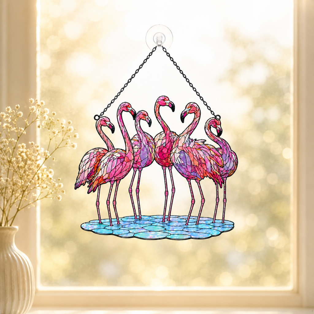 Flamingo flock holographic acrylic suncatcher reflecting rainbow light across a room