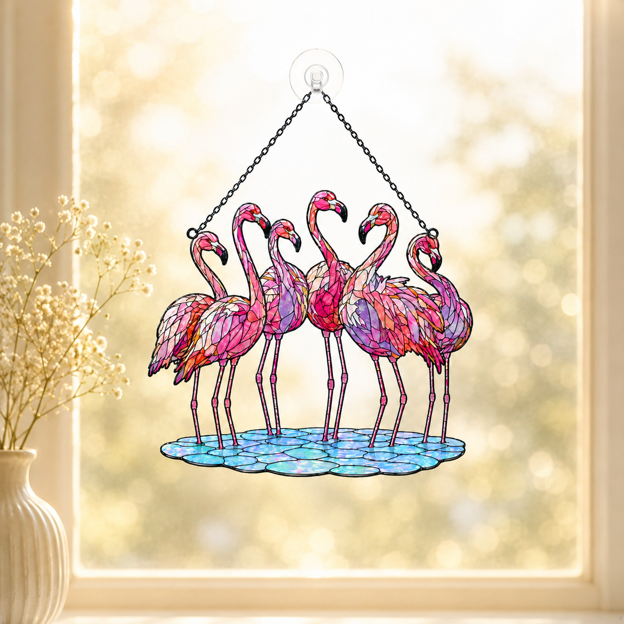 Flamingo flock holographic acrylic suncatcher reflecting rainbow light across a room