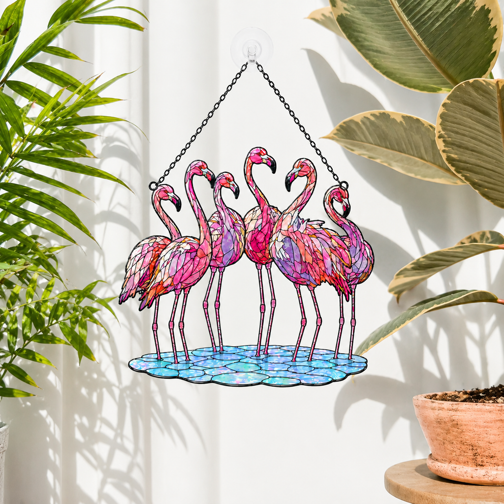 Flamingo flock holographic suncatcher as a bird and garden lover gift idea