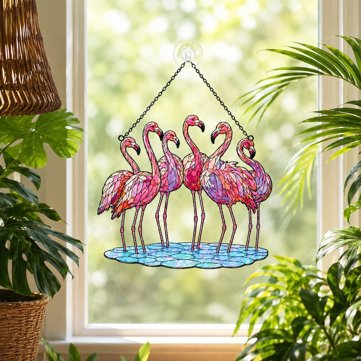 Flamingo flock acrylic suncatcher available in 6, 8, 10 and 12 inch sizes