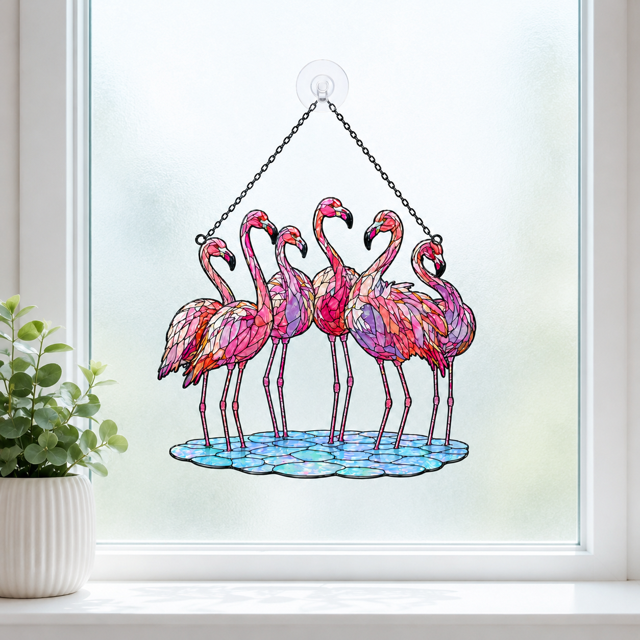 Flamingo flock holographic suncatcher displayed indoors as a nature-inspired window hanging