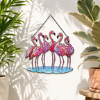 Double-sided flamingo flock holographic acrylic suncatcher glowing in natural light