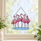 Flamingo flock holographic suncatcher shown full size, ready to hang with cord