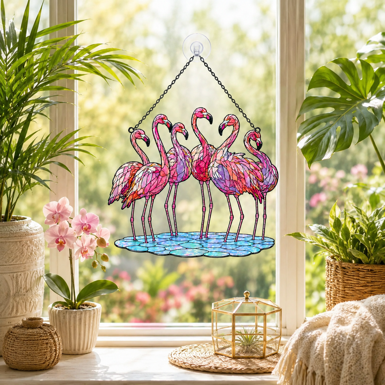 Flamingo flock acrylic suncatcher hanging in a sunlit window as home decor