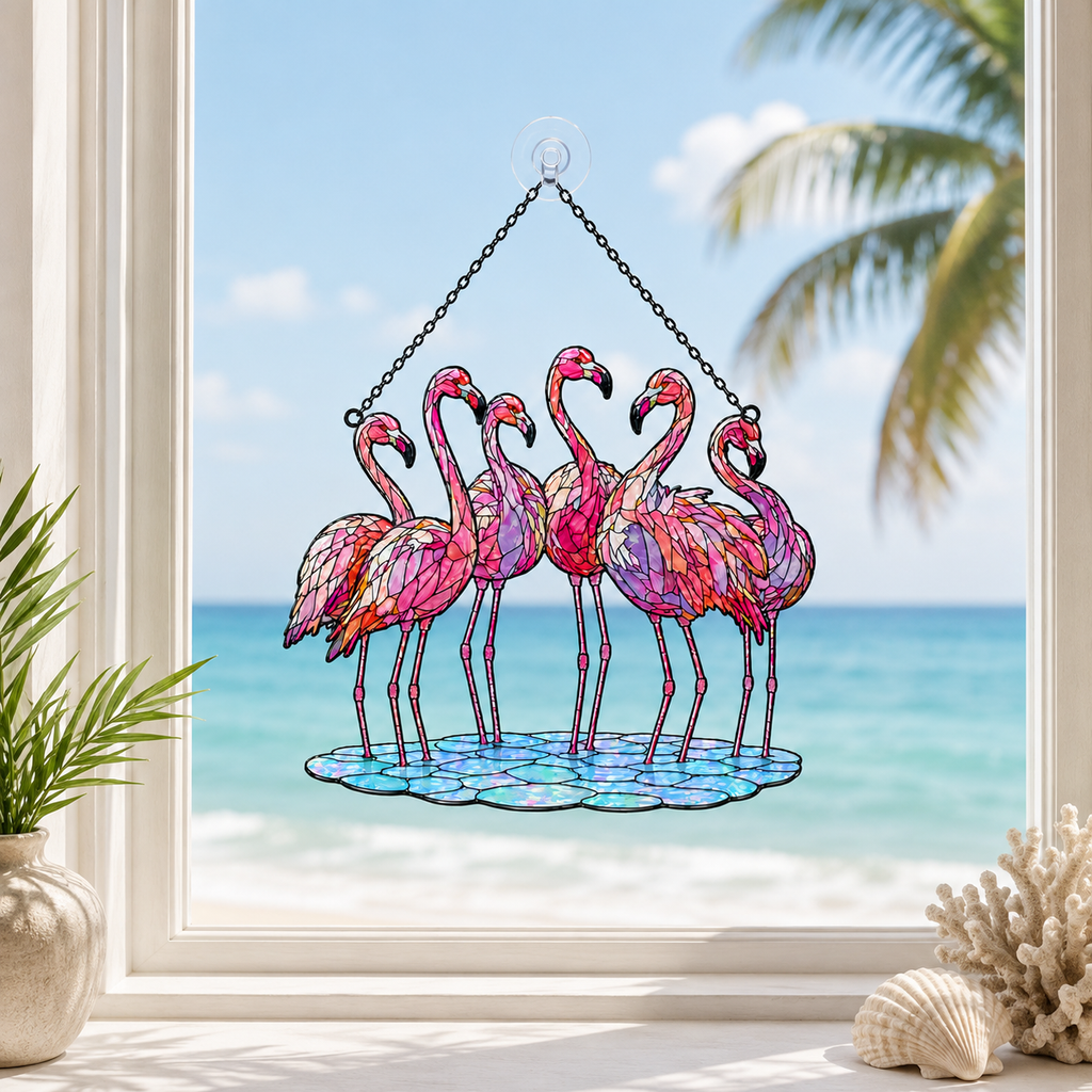 Close-up detail of the flamingo flock holographic acrylic suncatcher's wavy acrylic and hologram texture