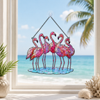 Close-up detail of the flamingo flock holographic acrylic suncatcher's wavy acrylic and hologram texture