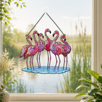 Flamingo flock holographic suncatcher catching sunlight and casting rainbow reflections in a window
