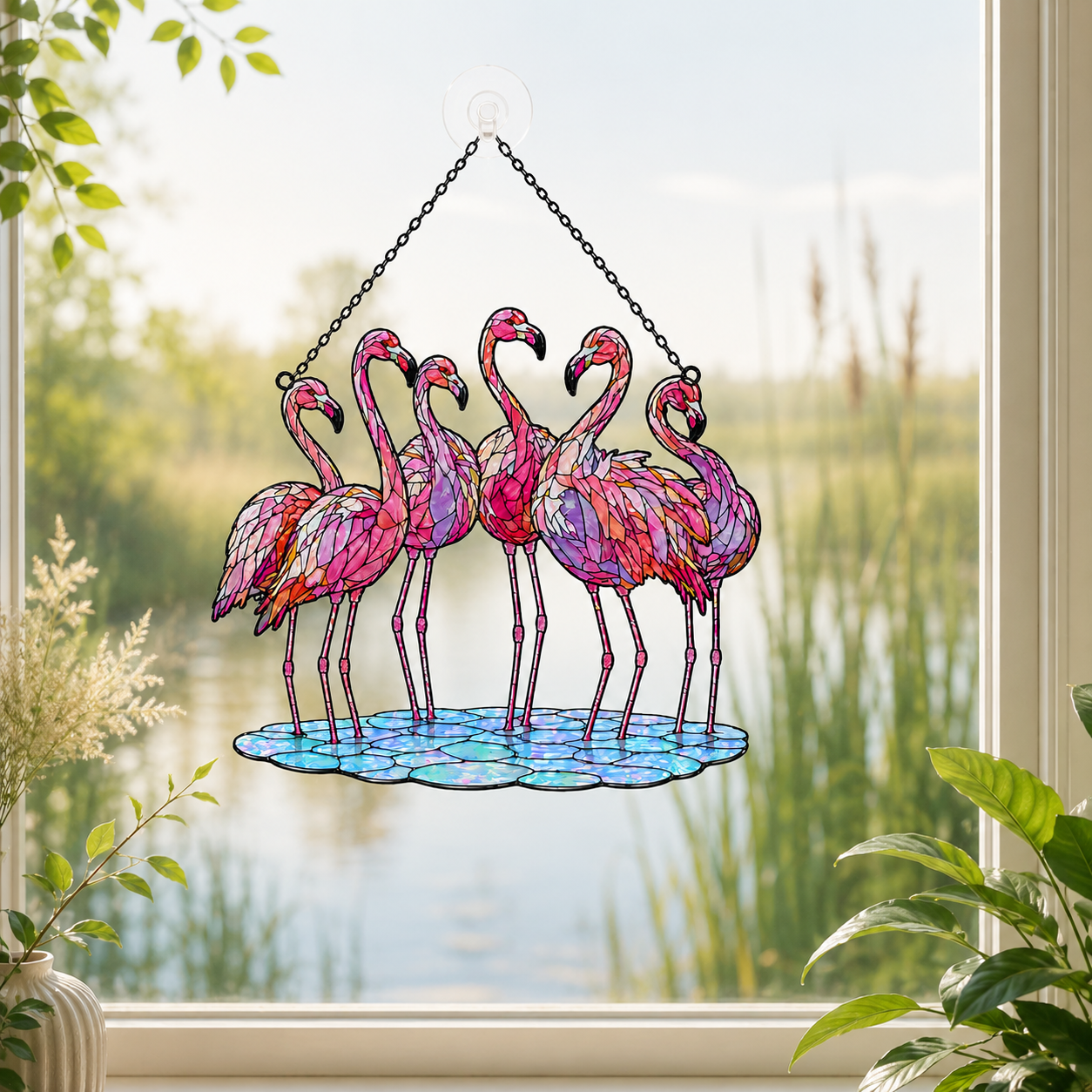 Flamingo flock holographic suncatcher catching sunlight and casting rainbow reflections in a window