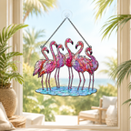 Flamingo flock holographic acrylic suncatcher with rainbow broken-glass hologram finish, hanging window ornament
