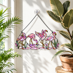 Tropical flamingo holographic acrylic suncatcher reflecting rainbow light across a room
